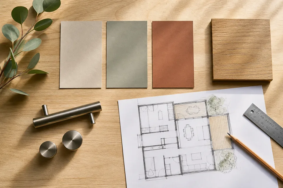 Illustrative planning board with timber, mineral paint samples, generic hardware and an abstract floor sketch