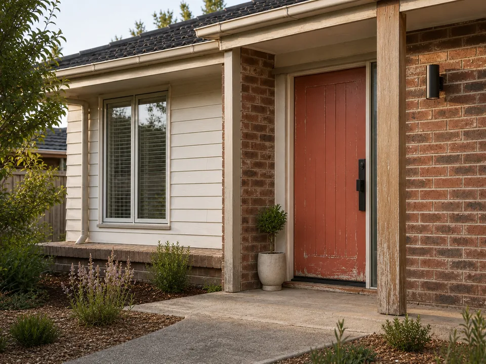 Illustrative front entry before refresh, with faded and chipped paint on the door and a weathered timber post