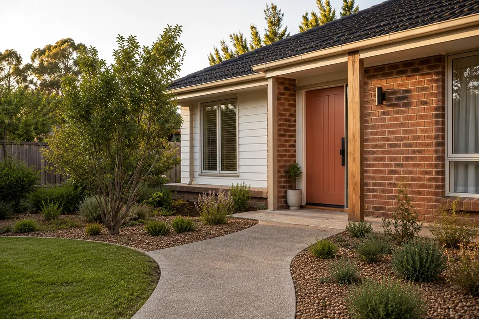 Illustrative wide view of the finished front entry, path and garden bed