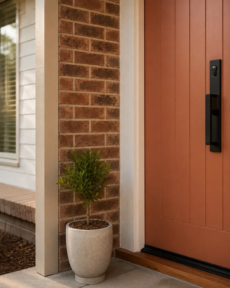 Illustrative close-up of the finished front door, hardware and brickwork beside a potted plant