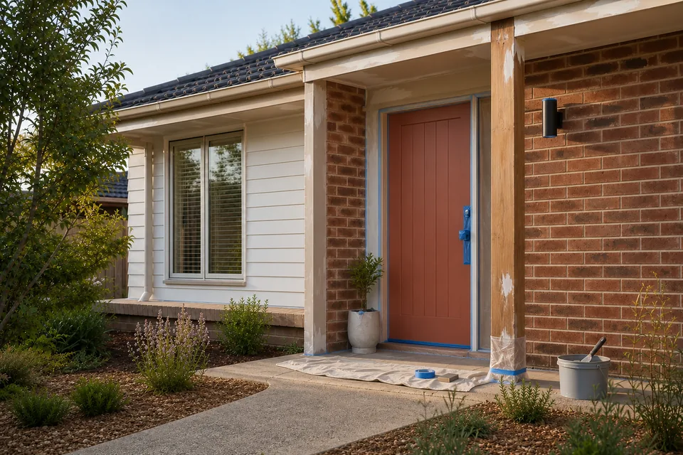 Illustrative entry with masking tape, a drop cloth and a paint bucket protecting the finished door while the post and trim are painted