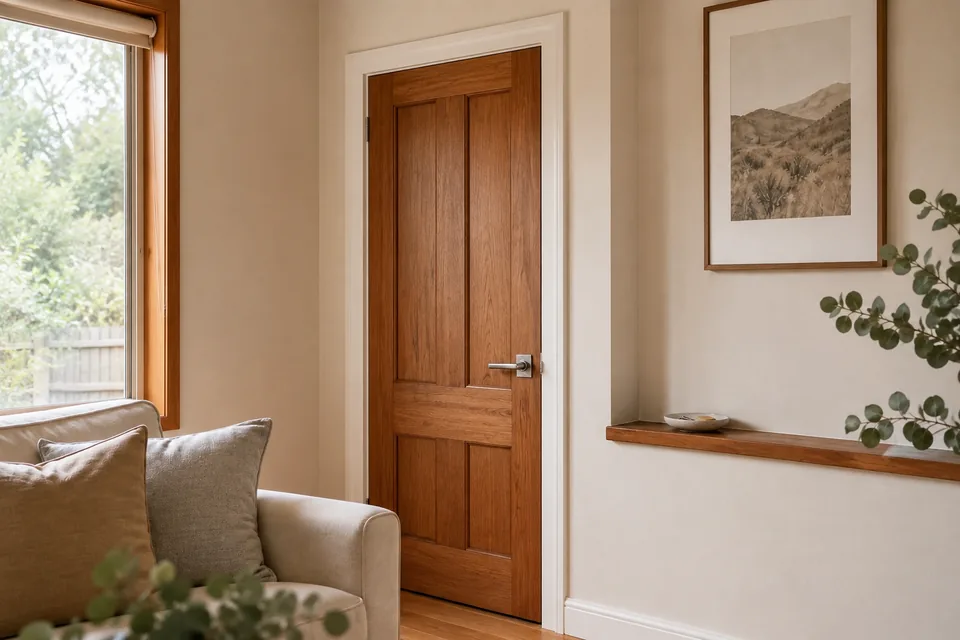 Illustrative timber door after repair, with a clean repainted door jamb and aligned hardware