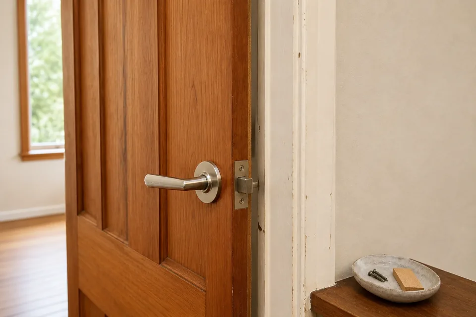 Illustrative timber door before repair, with flaking paint and worn hardware on the door jamb