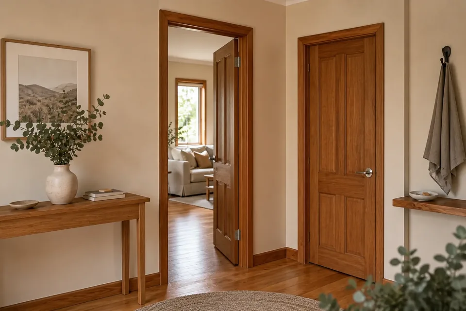 Illustrative hallway context showing two matching timber doors and a console table