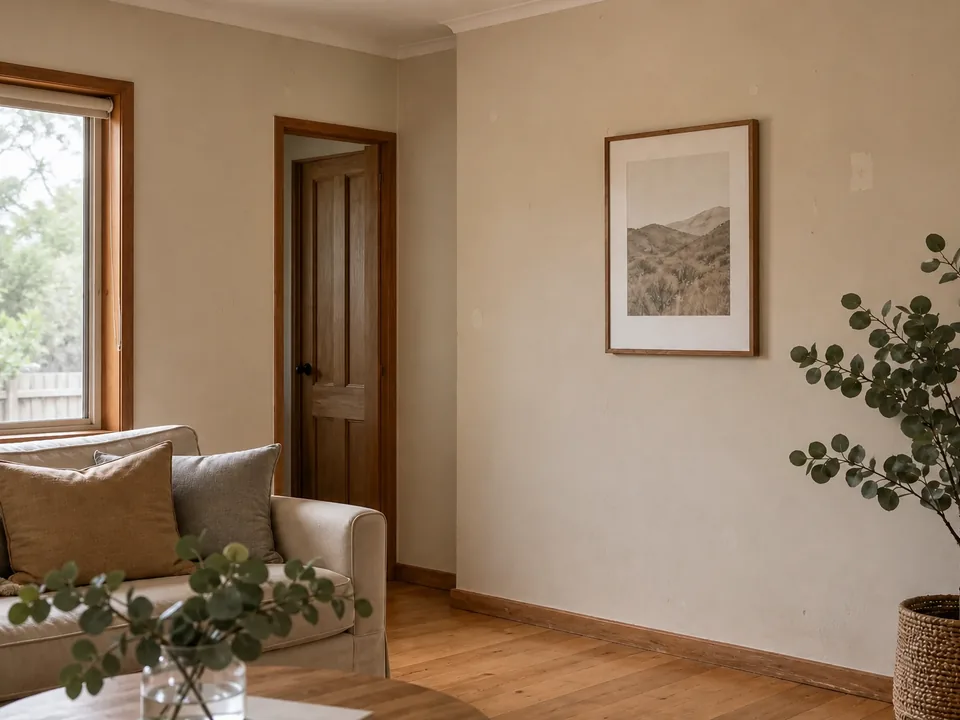Illustrative living room before refresh, with marked and uneven wall surfaces beside a doorway and sofa