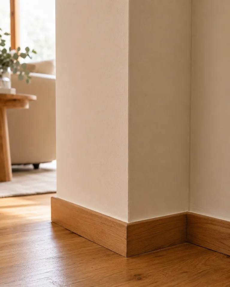 Illustrative close-up of a freshly finished wall corner and timber skirting board