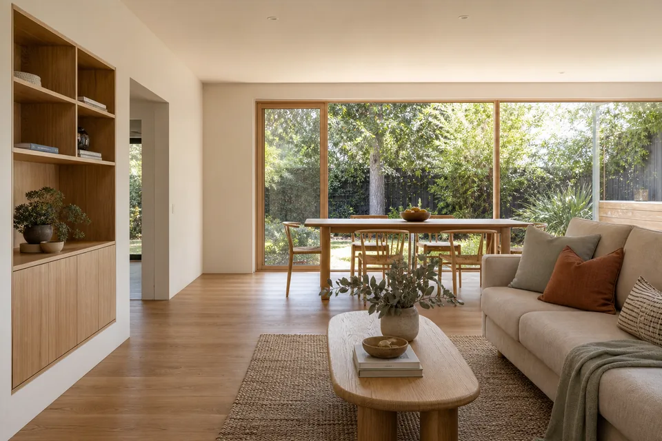 Illustrative light-filled living and dining room with timber joinery and a leafy garden view