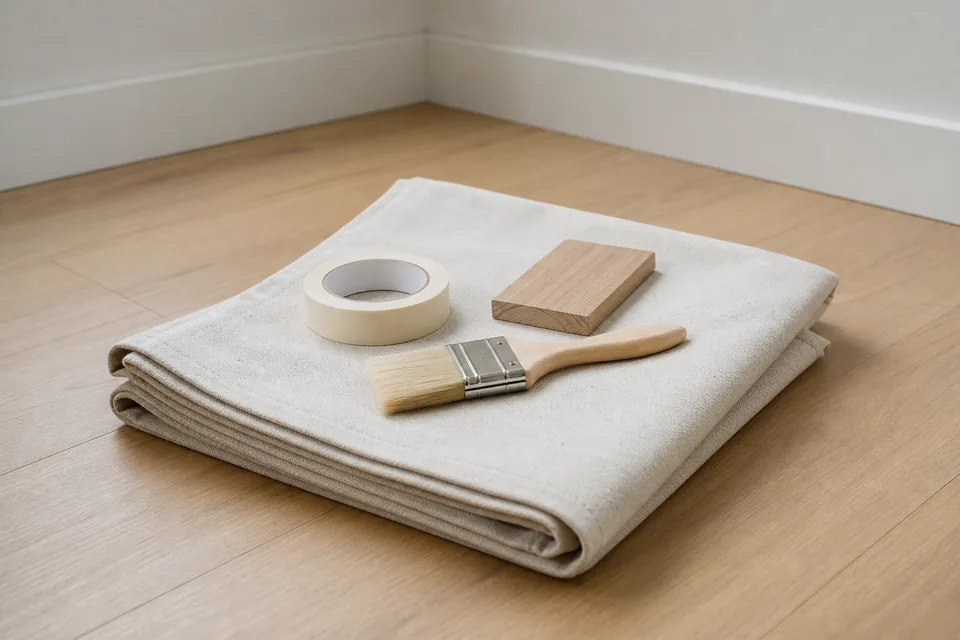 Illustrative folded canvas protection with masking tape, a clean brush and timber sample