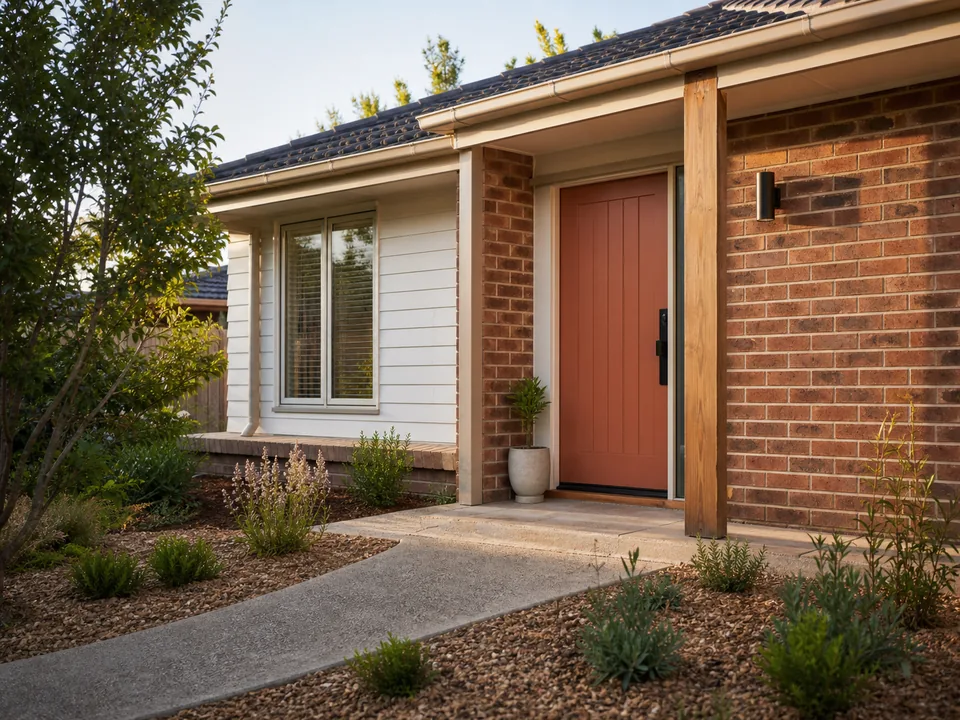 Illustrative modest brick and weatherboard entry with a clay front door, clear path and native planting