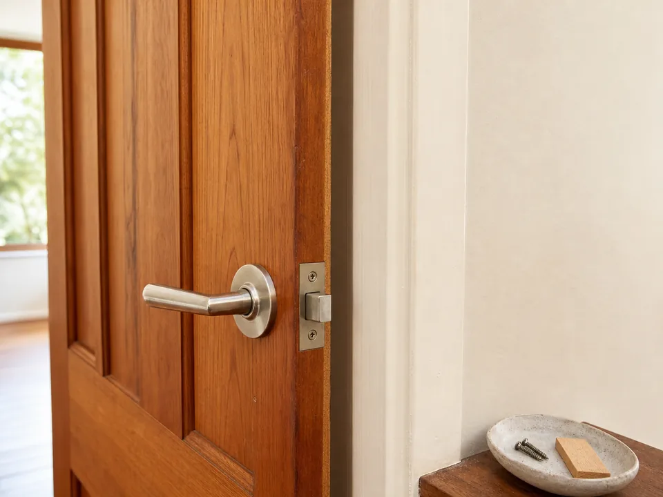 Illustrative timber door and correctly aligned handle beside repaired painted trim