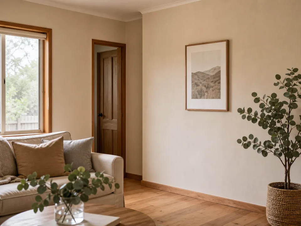 Illustrative warm living room with refreshed walls, timber trim and natural light