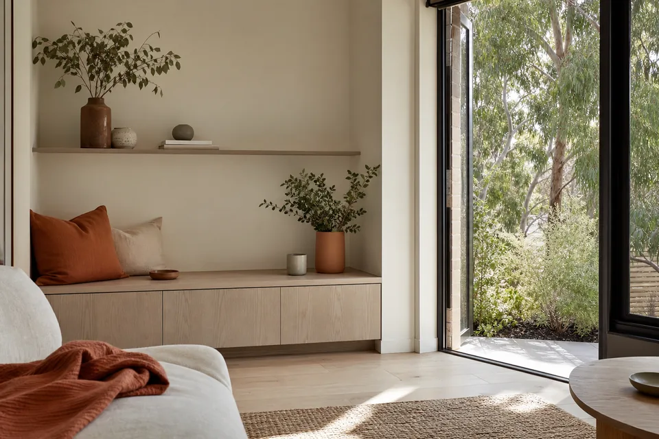 Illustrative calm living-room corner with built-in timber storage and an open garden door